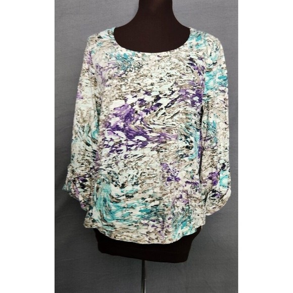 CHICOS Womans Roll Tab 3/4 Sleeve Knit TOP‎ Tan Teal Purple Tunic Sz 0 Small - Picture 1 of 10